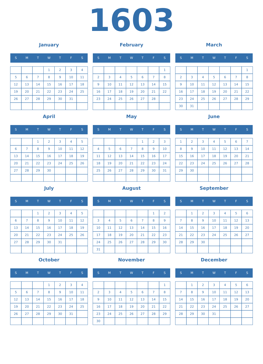 Printable 1603 Year Calendars blue