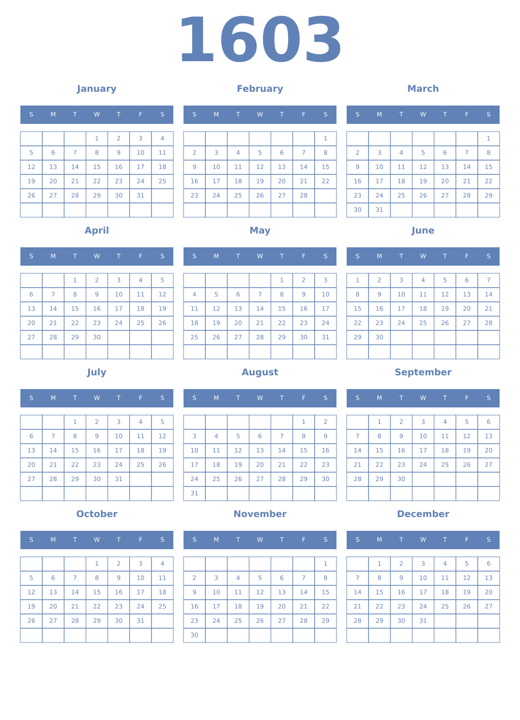 Printable 1603 Year Calendars glaucous