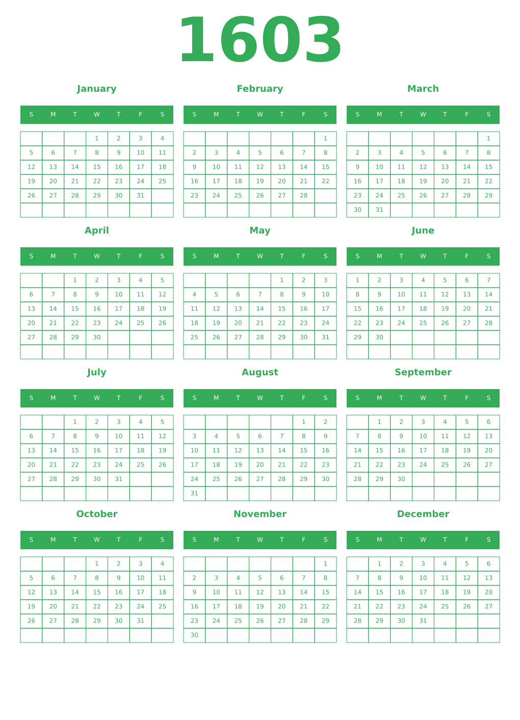 Printable 1603 Year Calendars green