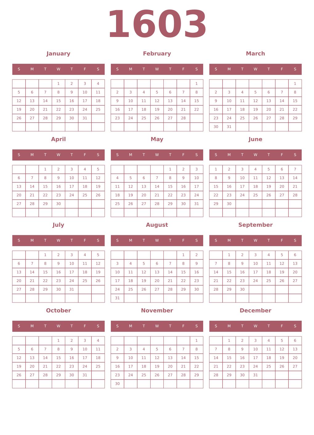 Printable 1603 Year Calendars puce
