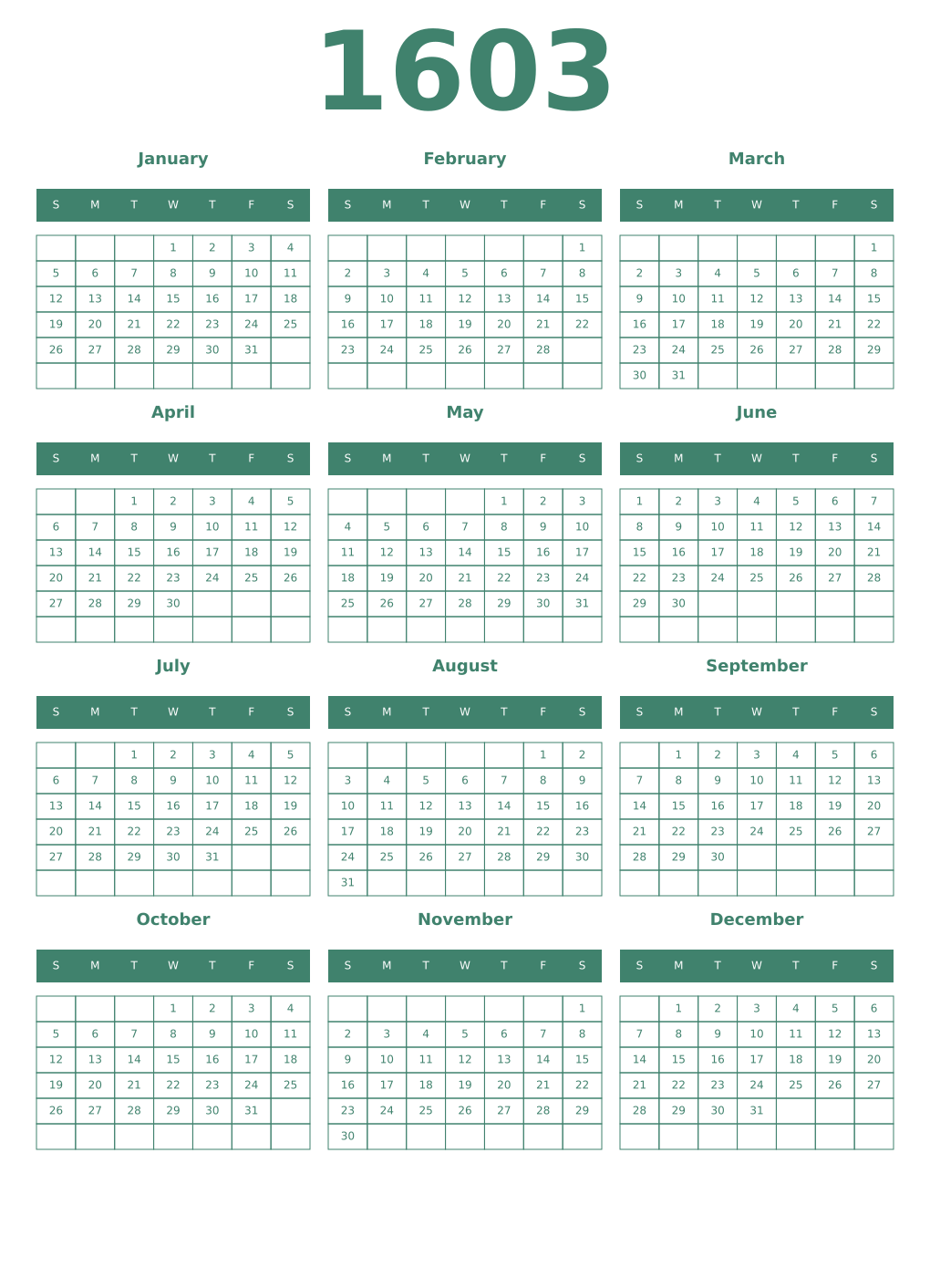 Printable 1603 Year Calendars viridian