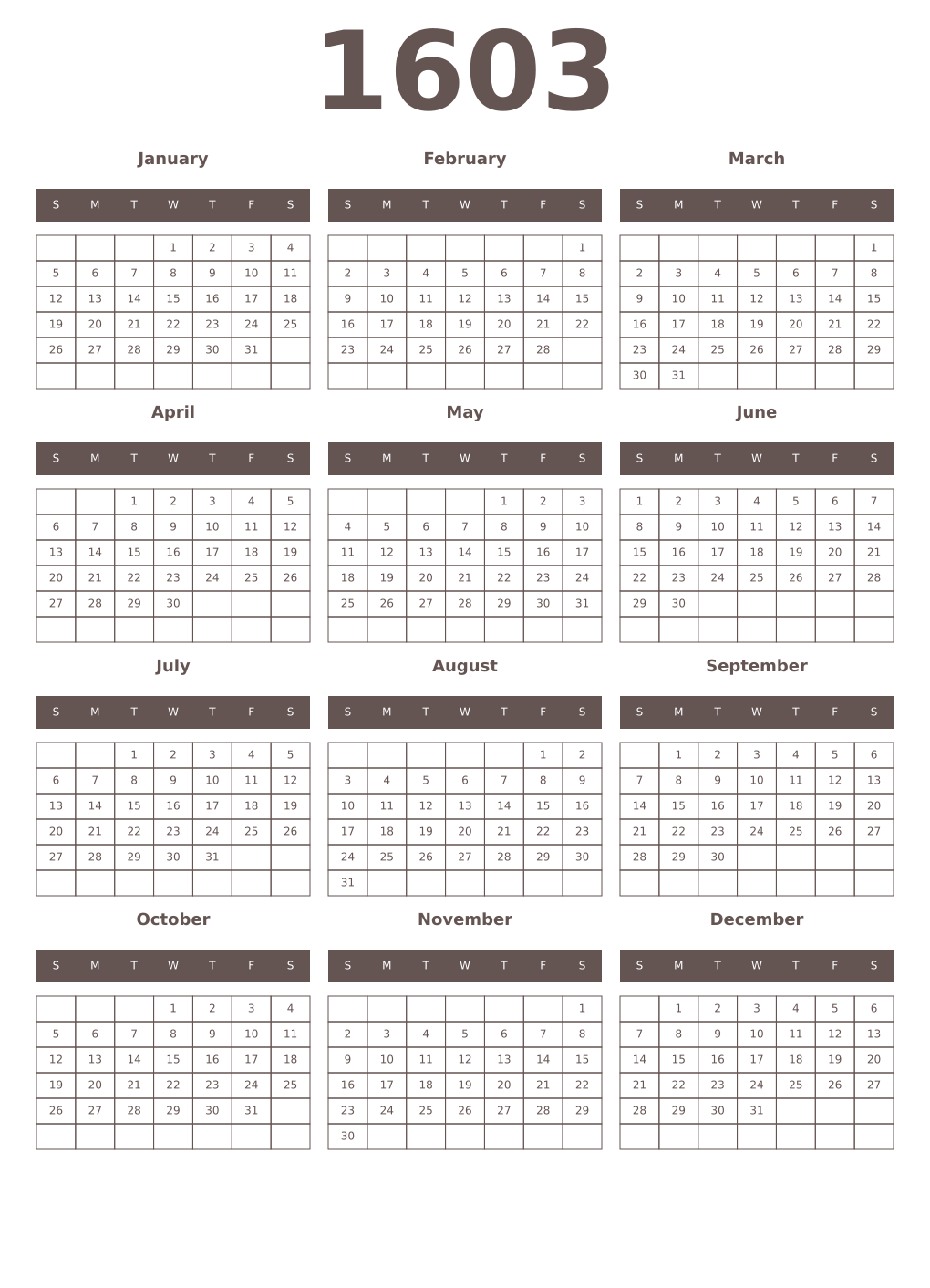Printable 1603 Year Calendars wenge