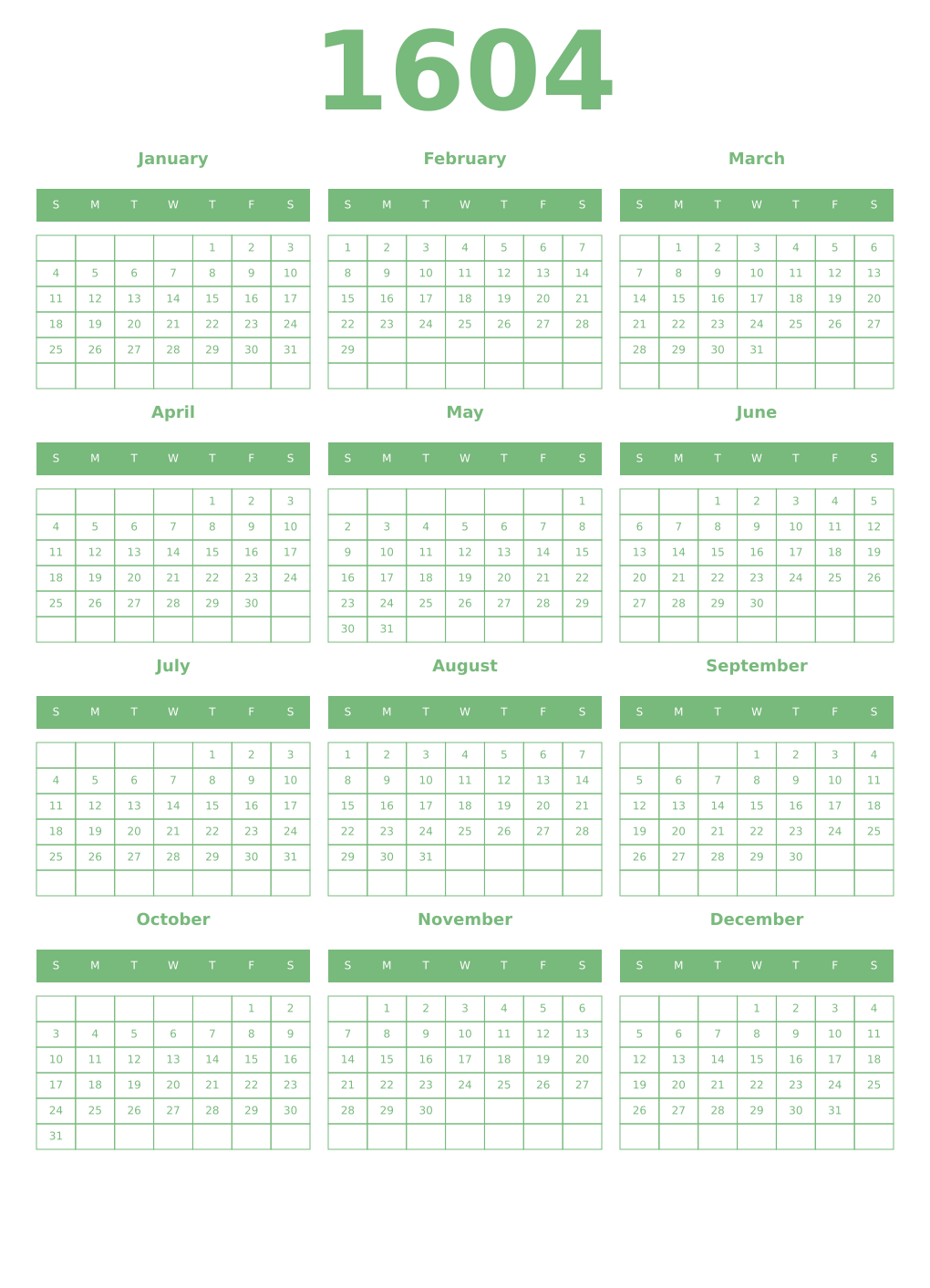 Printable 1604 Year Calendars celadon