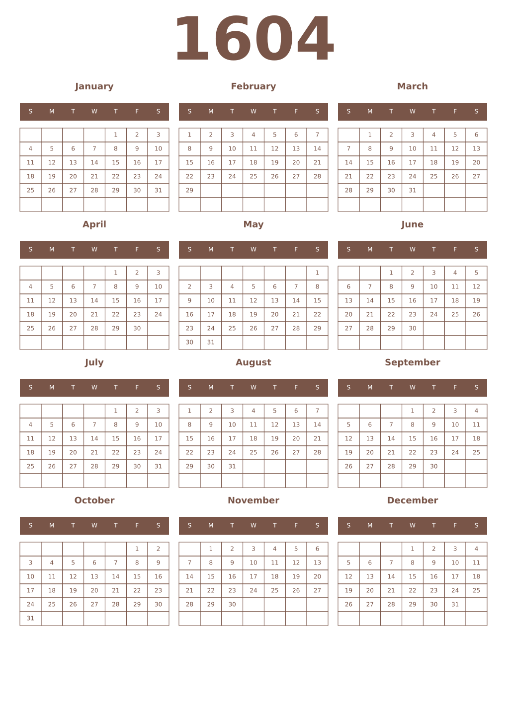 Printable 1604 Year Calendars coffe