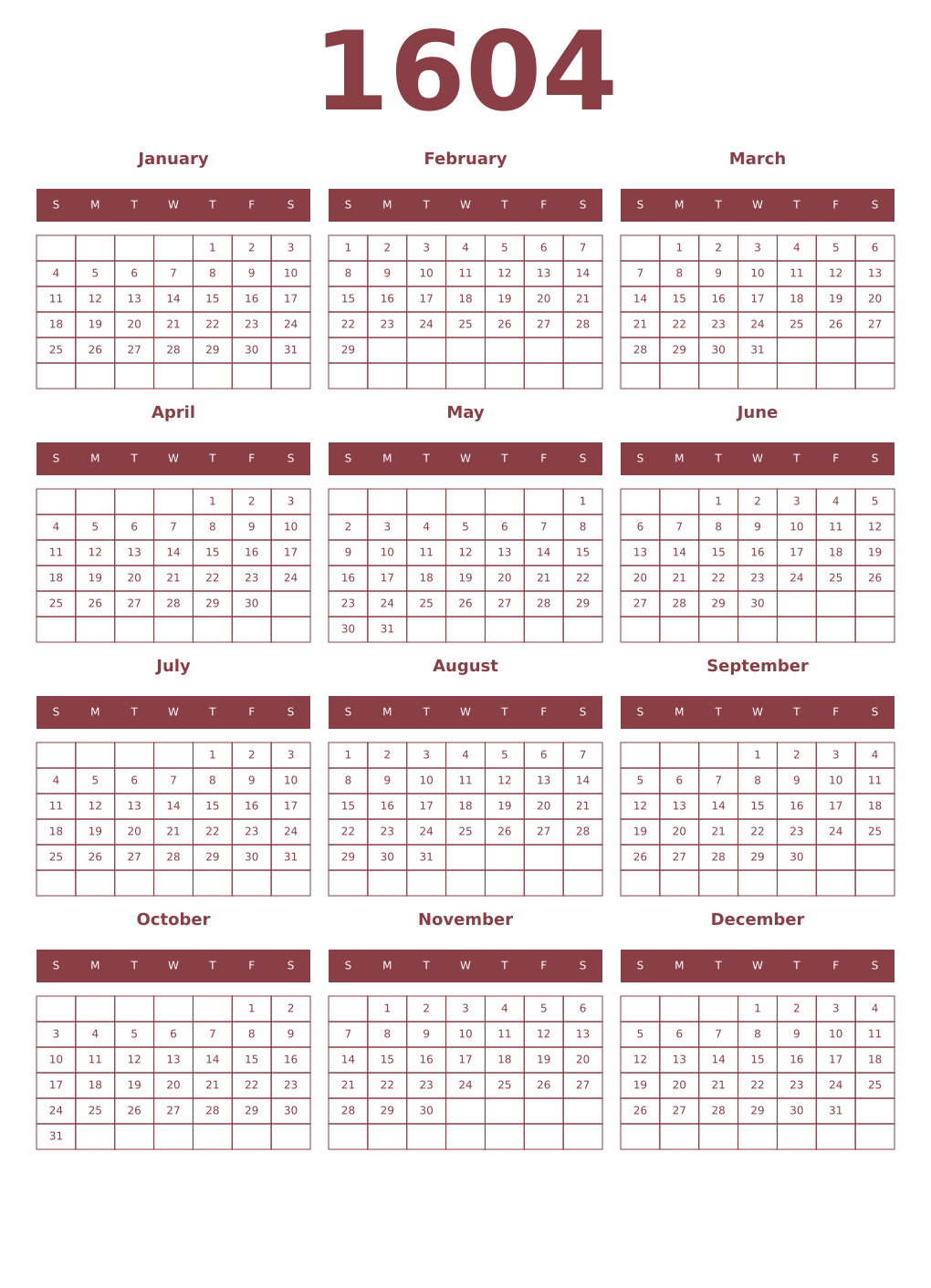 Printable 1604 Year Calendars cordovan
