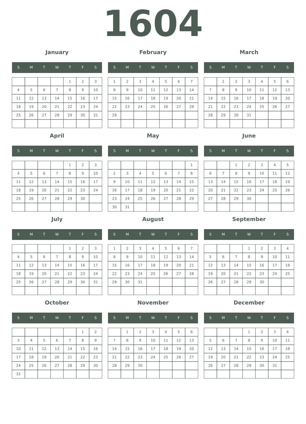 Printable 1604 Year Calendars feldgrau