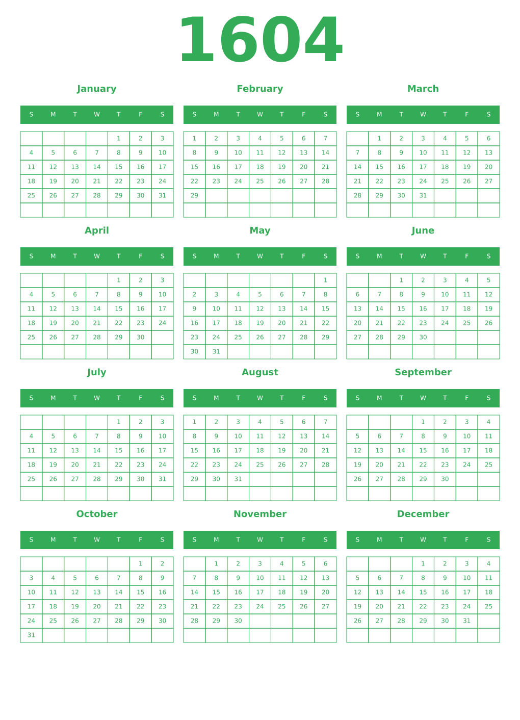 Printable 1604 Year Calendars green