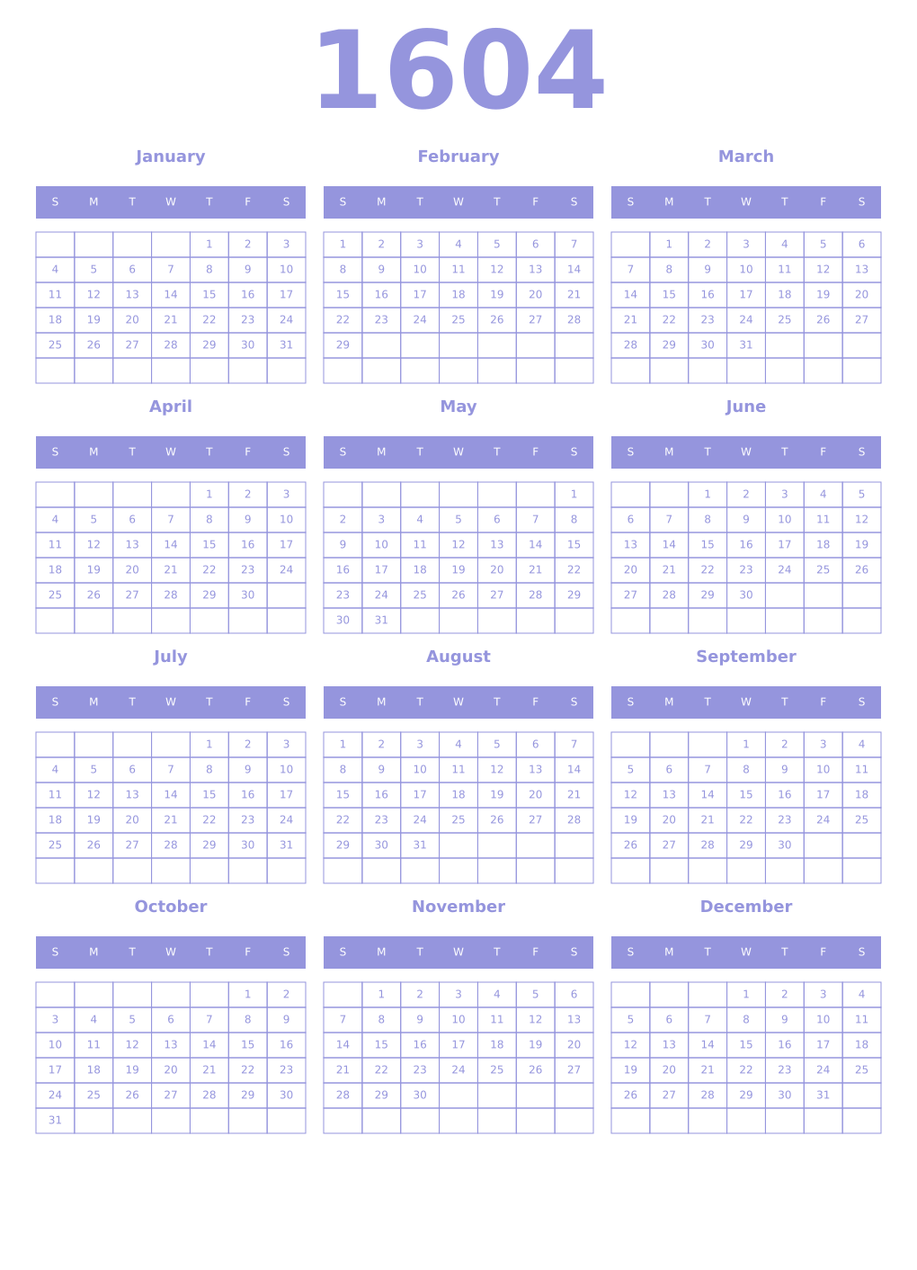Printable 1604 Year Calendars periwinkle