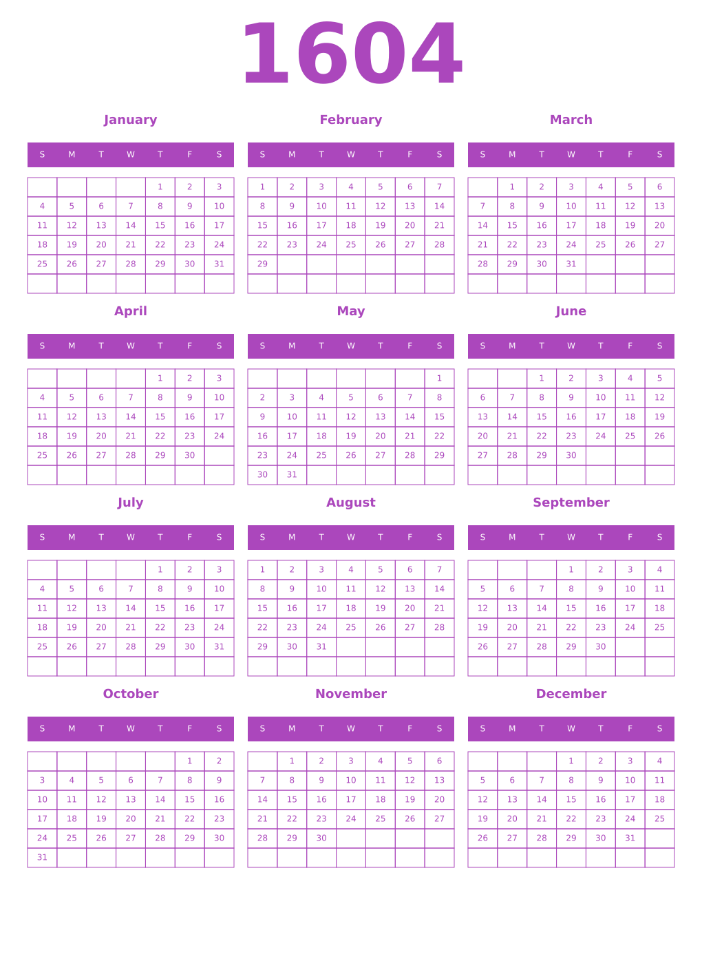 Printable 1604 Year Calendars purple