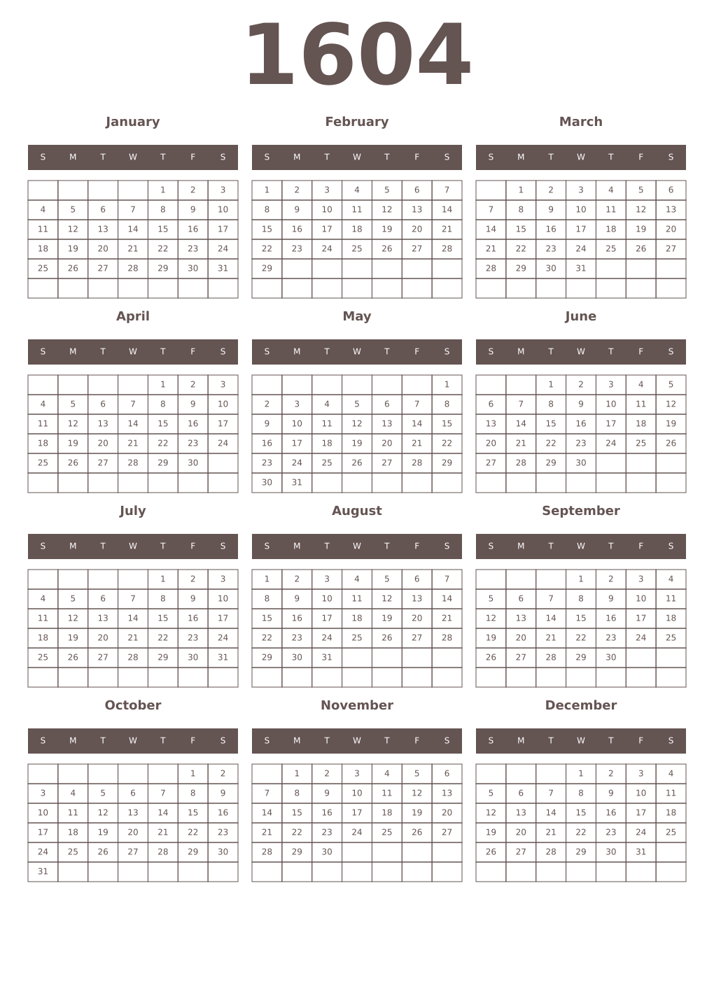 Printable 1604 Year Calendars wenge