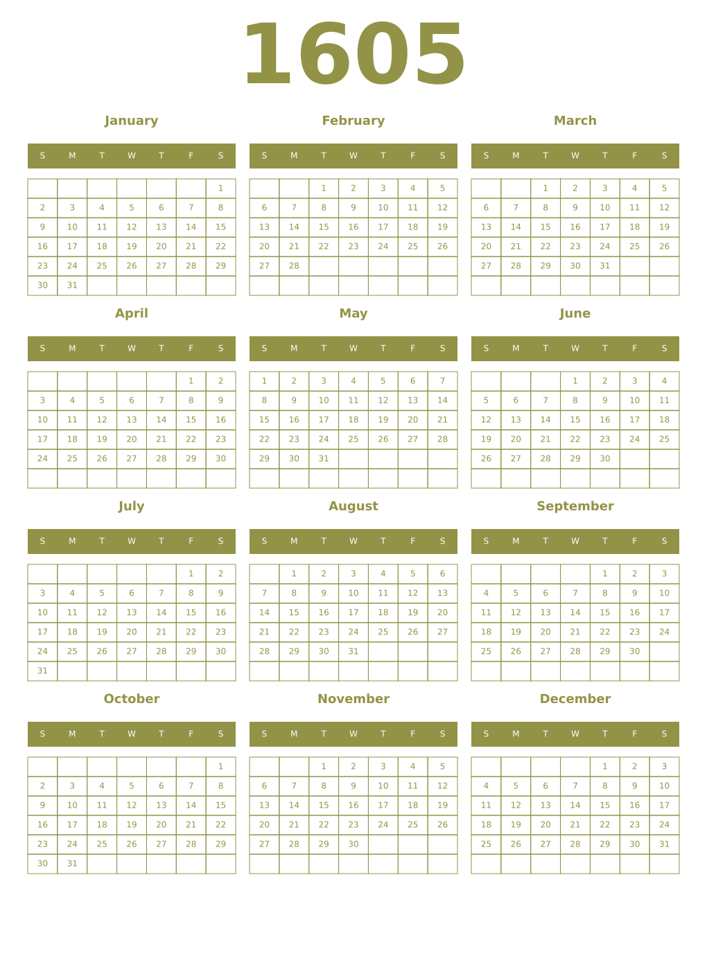 Printable 1605 Year Calendars eburnean