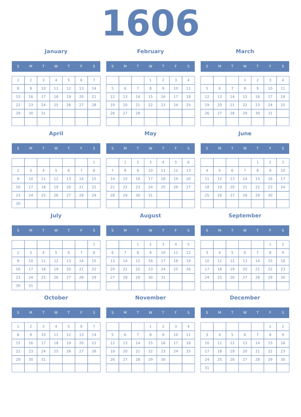 Printable 1606 Year Calendars glaucous