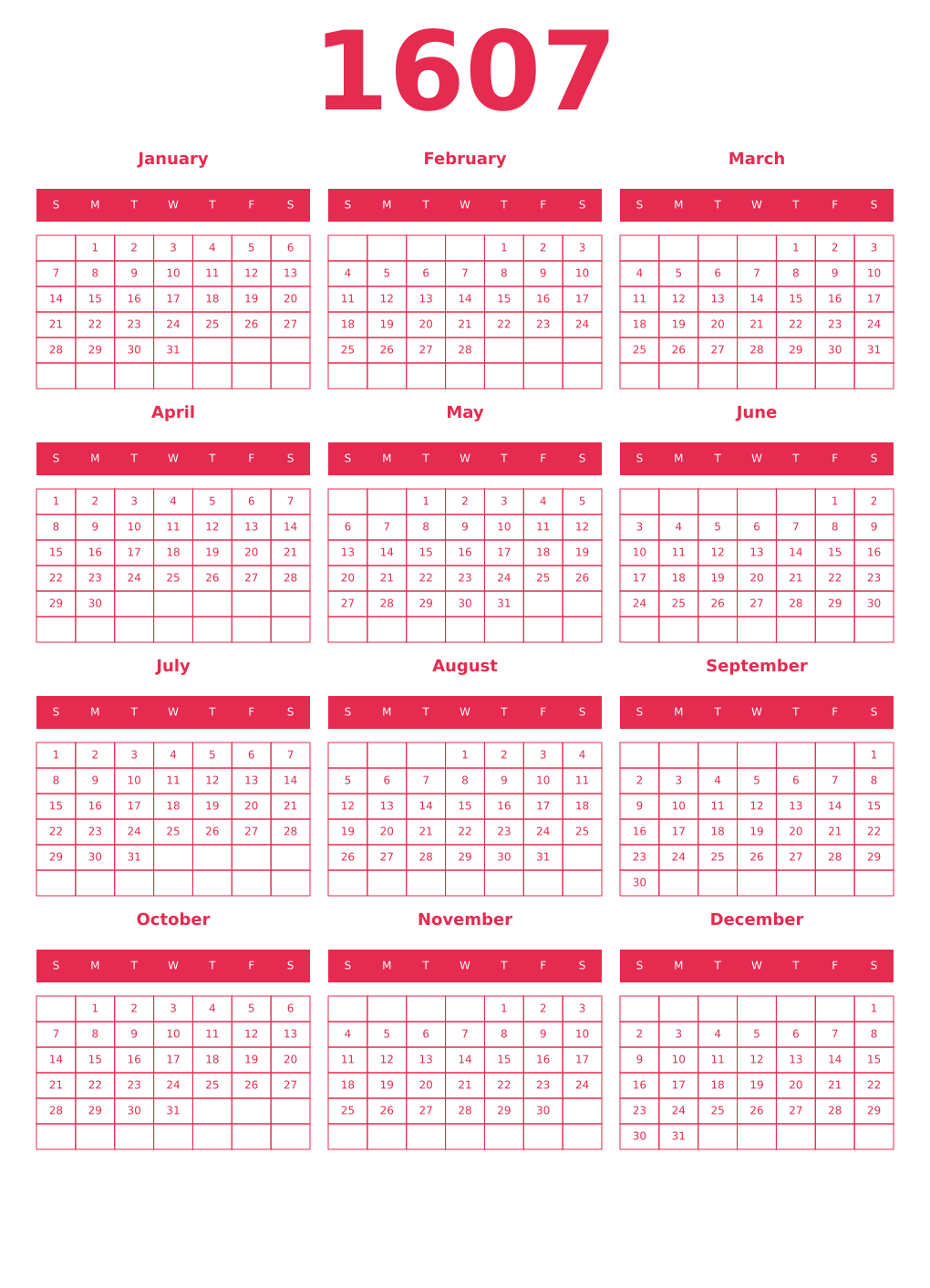 Printable 1607 Year Calendars amaranth