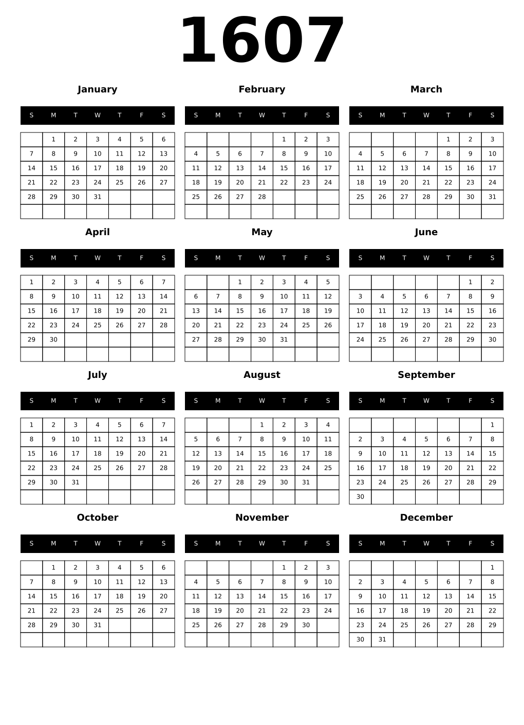 Printable 1607 Year Calendars black