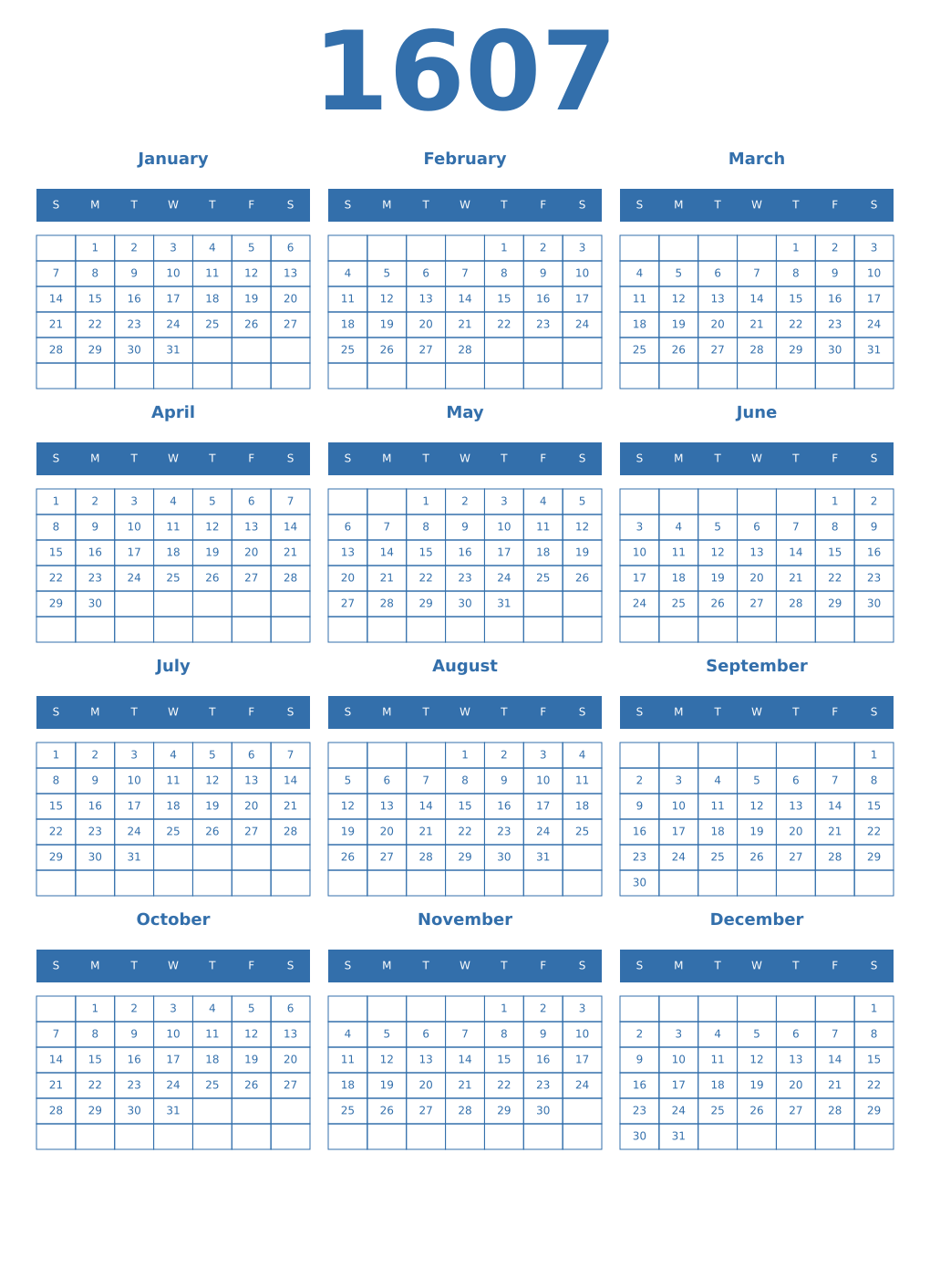 Printable 1607 Year Calendars blue