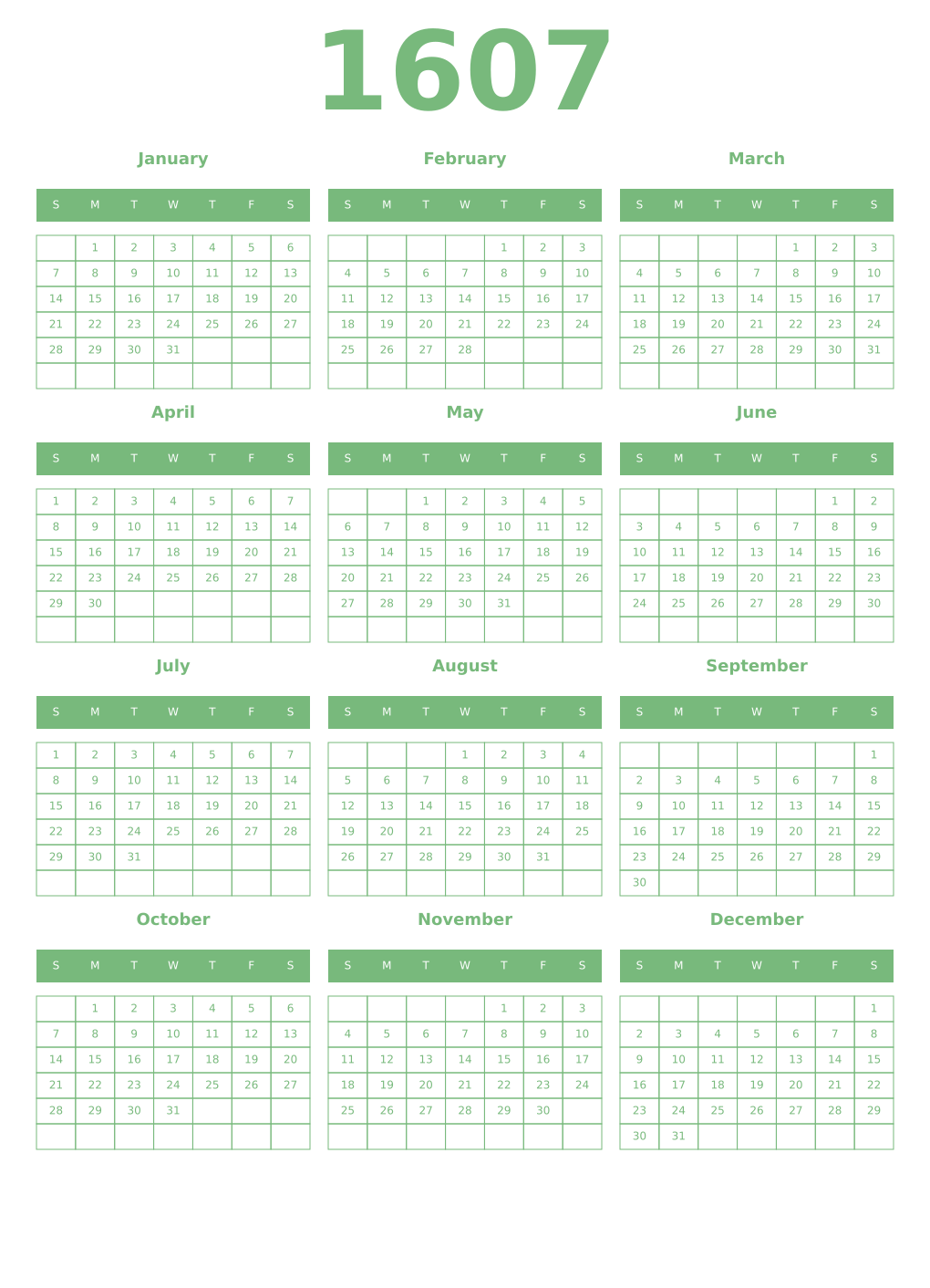 Printable 1607 Year Calendars celadon