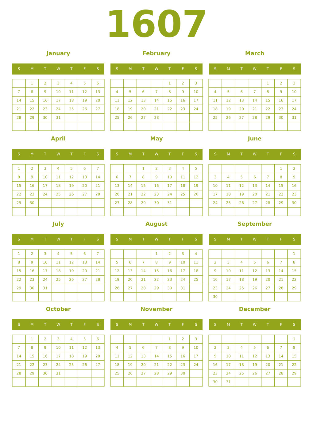 Printable 1607 Year Calendars chartreuse