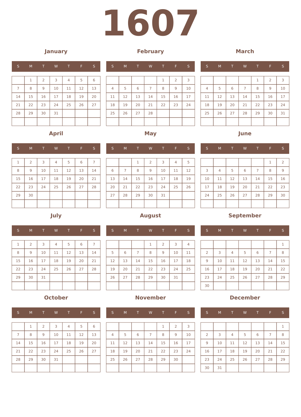 Printable 1607 Year Calendars coffe