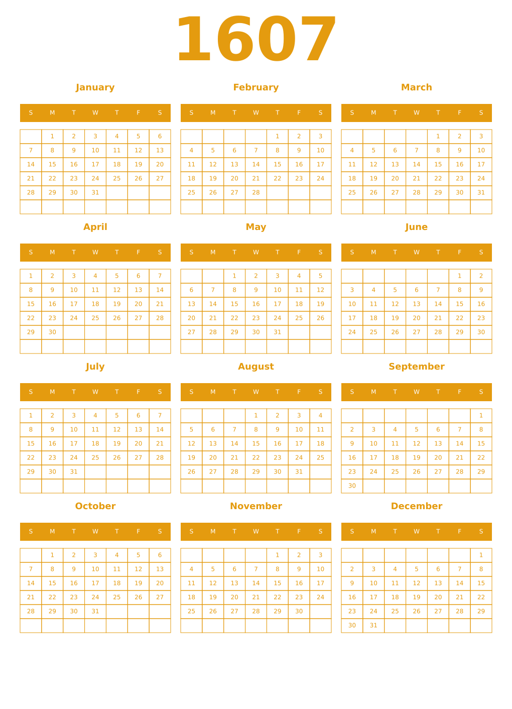 Printable 1607 Year Calendars gamboge