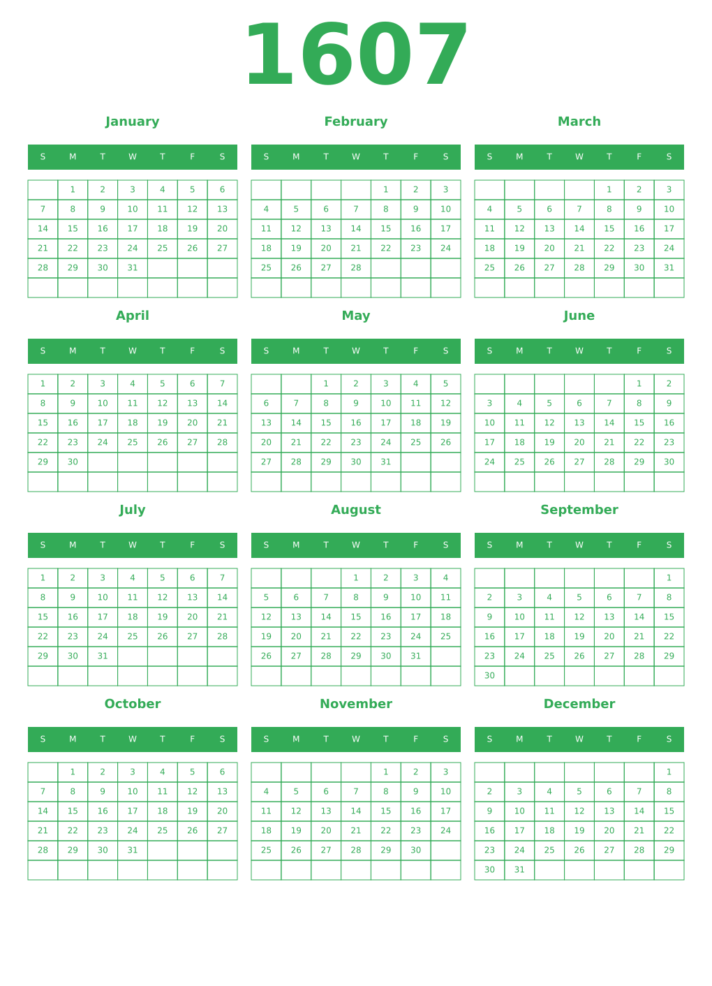 Printable 1607 Year Calendars green
