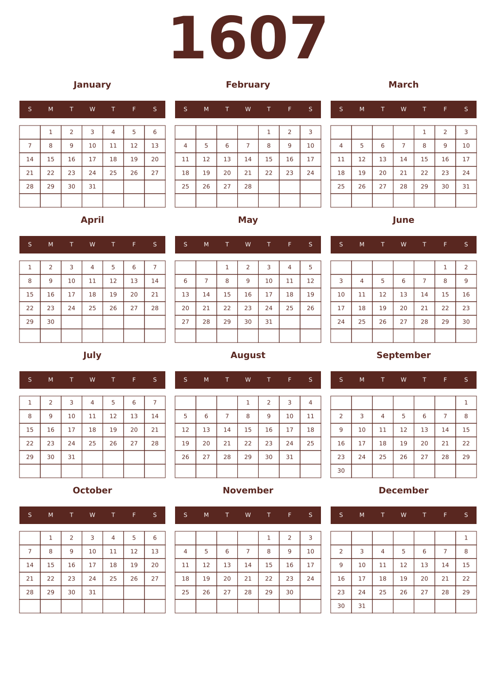 Printable 1607 Year Calendars mortuum