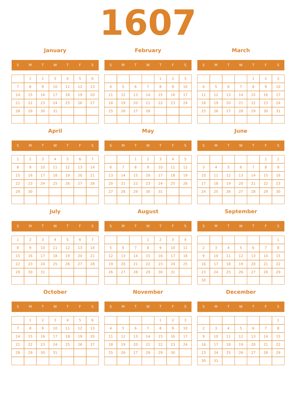 Printable 1607 Year Calendars orange