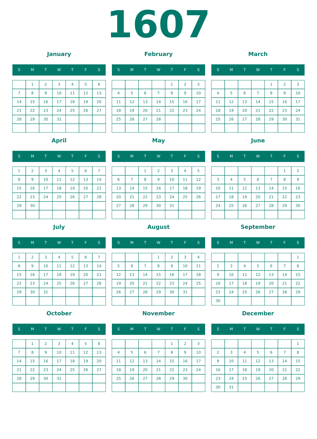 Printable 1607 Year Calendars pastel