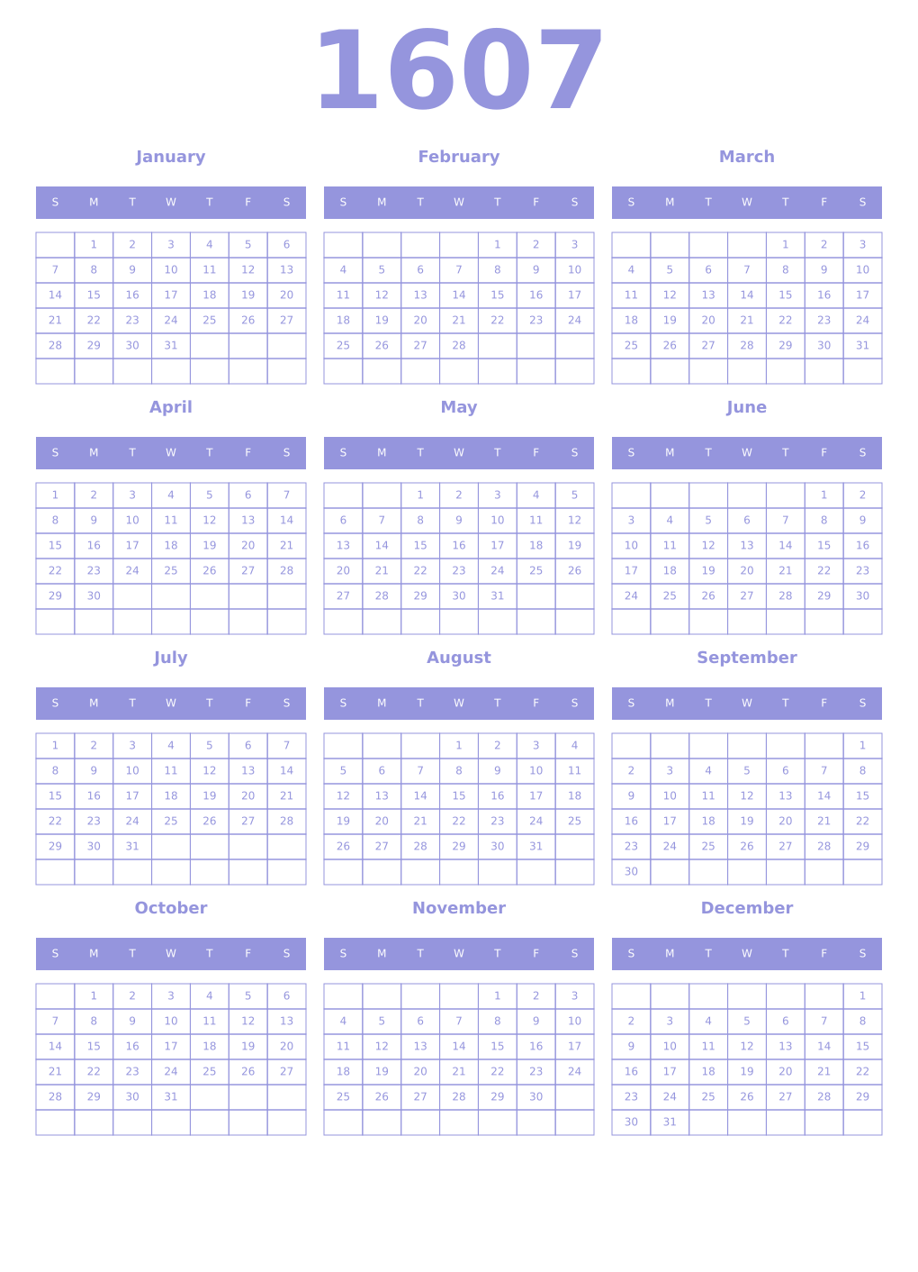 Printable 1607 Year Calendars periwinkle