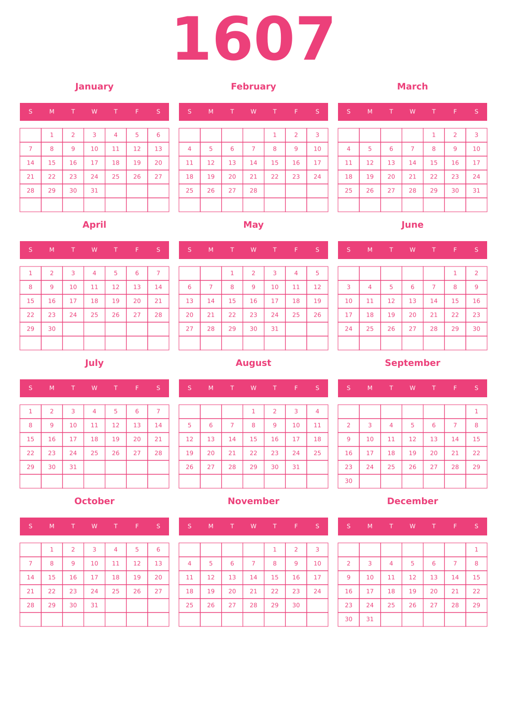 Printable 1607 Year Calendars pink