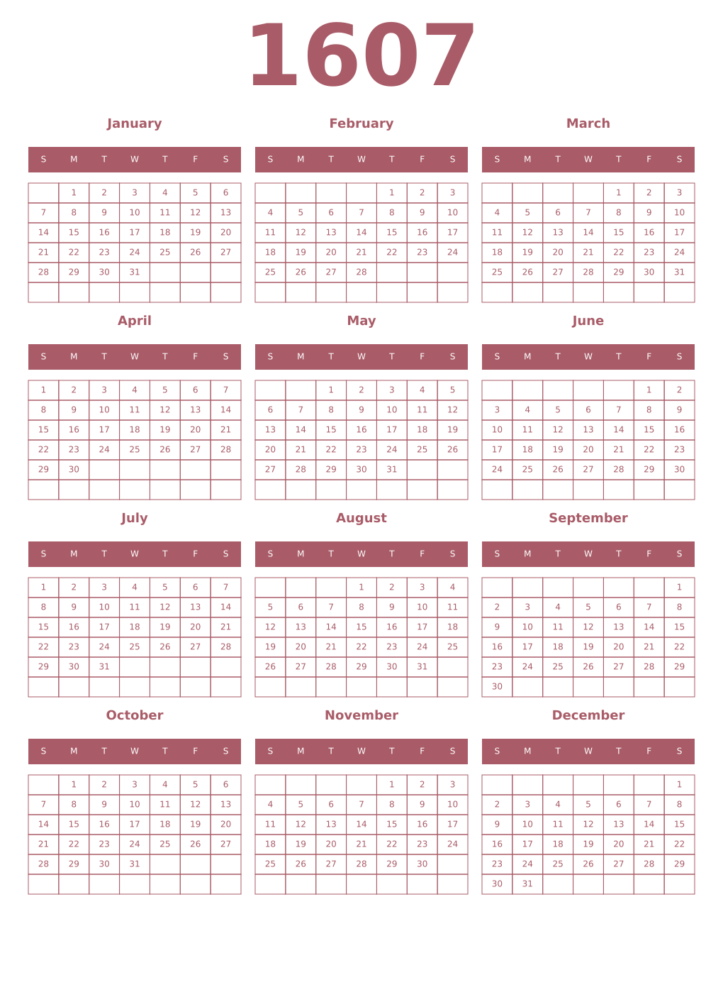 Printable 1607 Year Calendars puce
