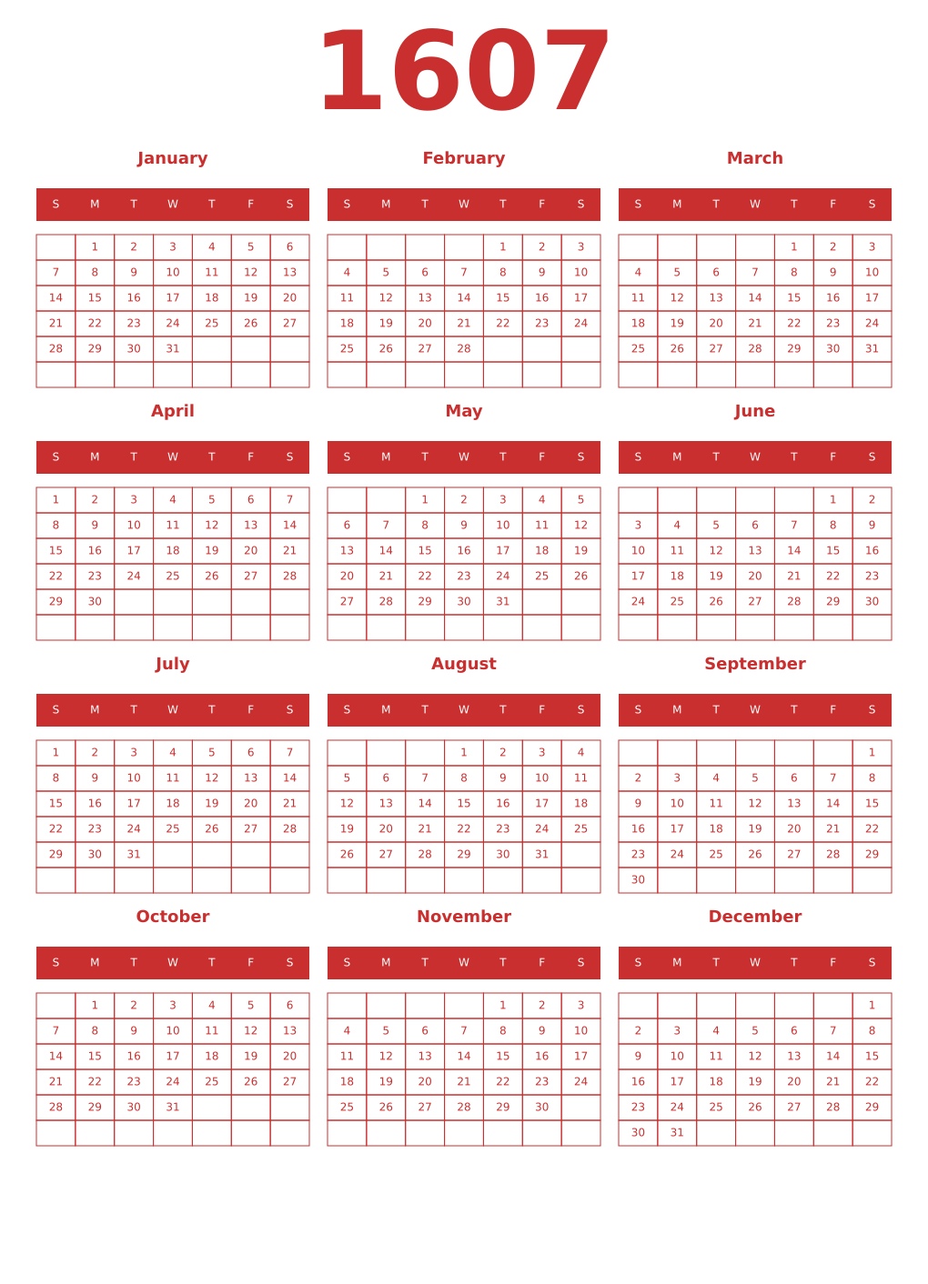 Printable 1607 Year Calendars red