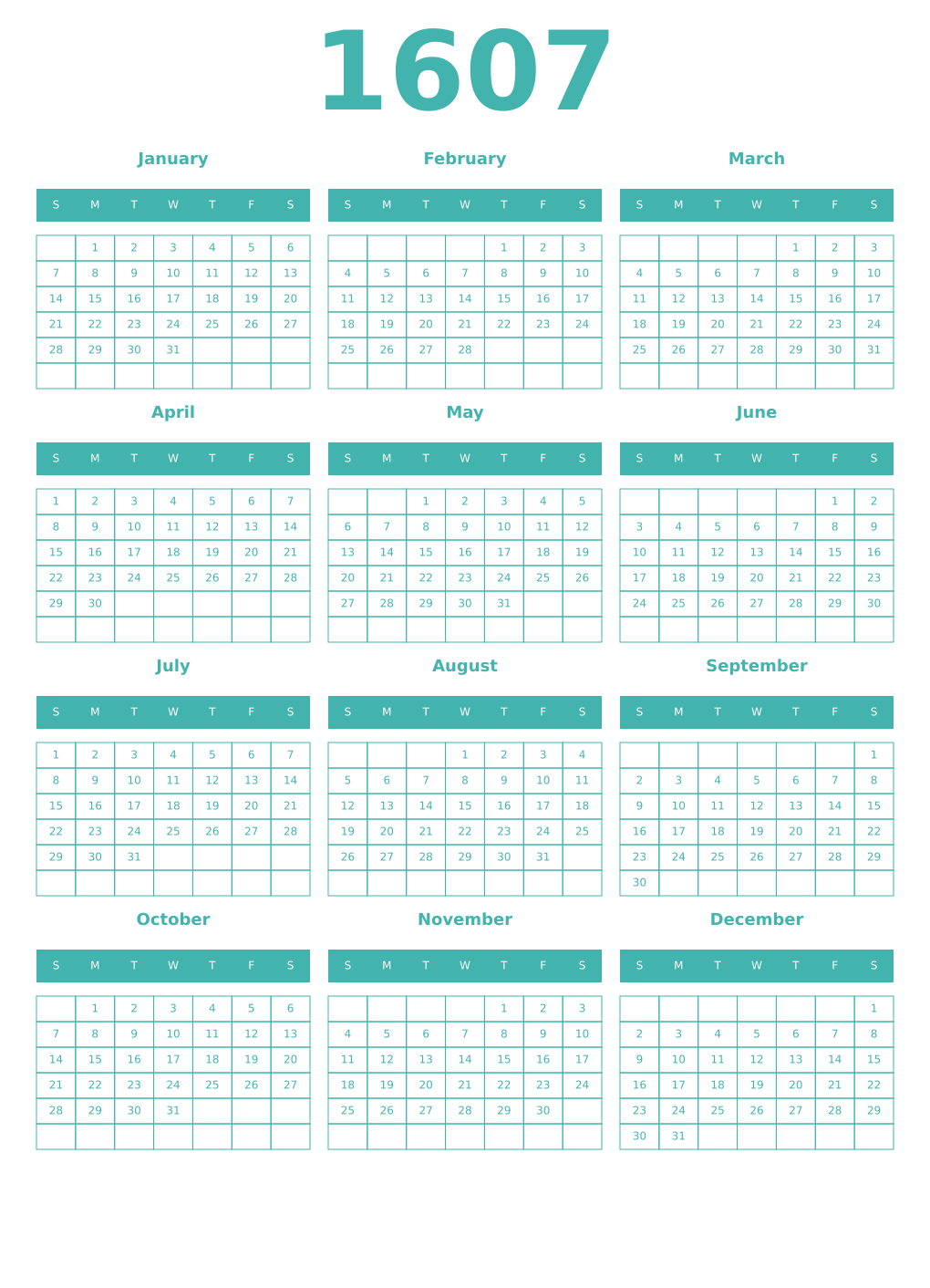 Printable 1607 Year Calendars verdigris