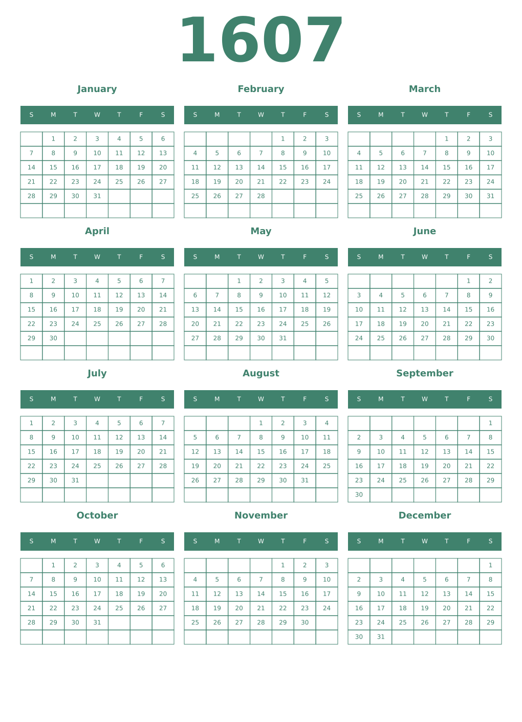 Printable 1607 Year Calendars viridian