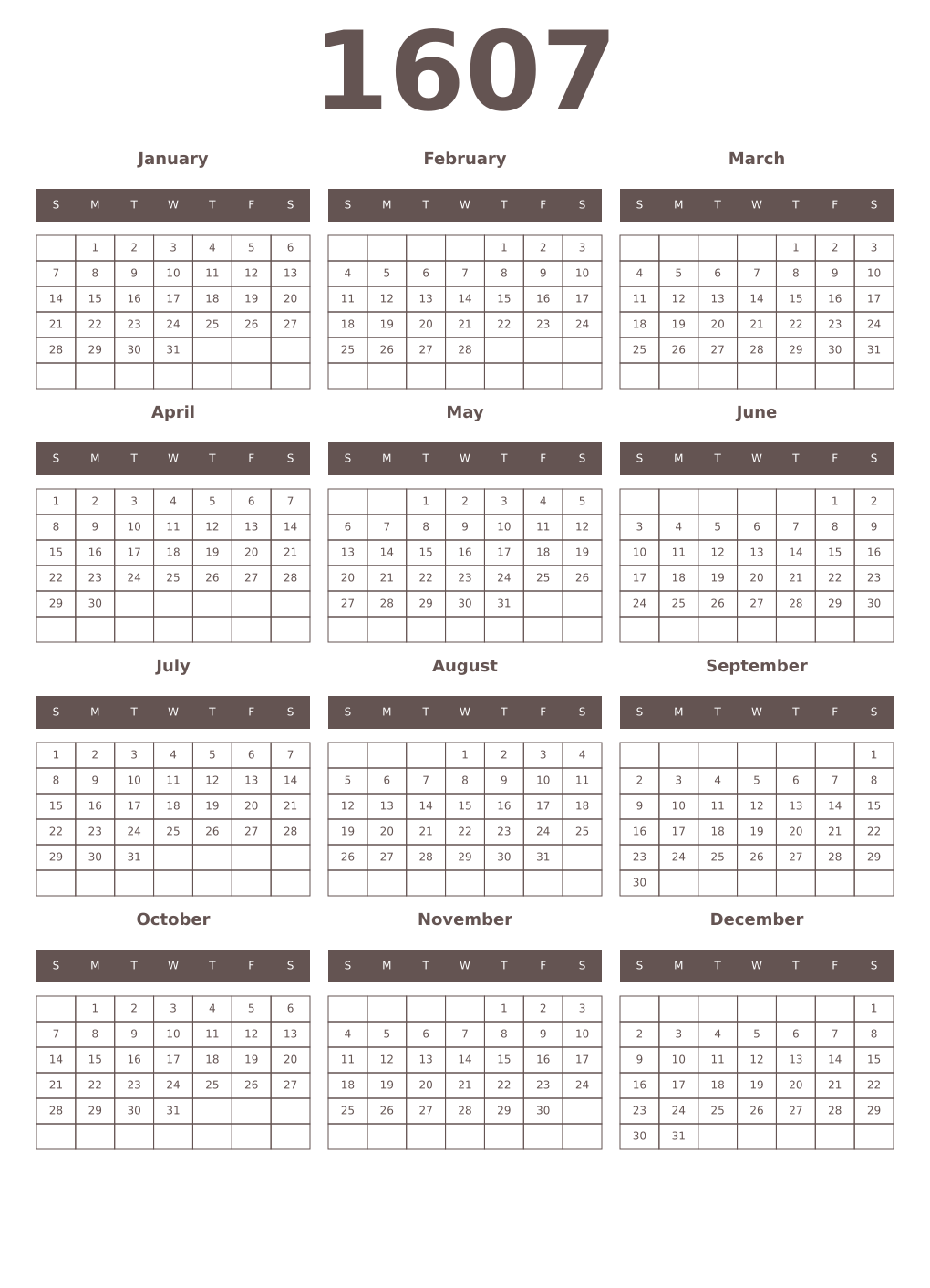 Printable 1607 Year Calendars wenge