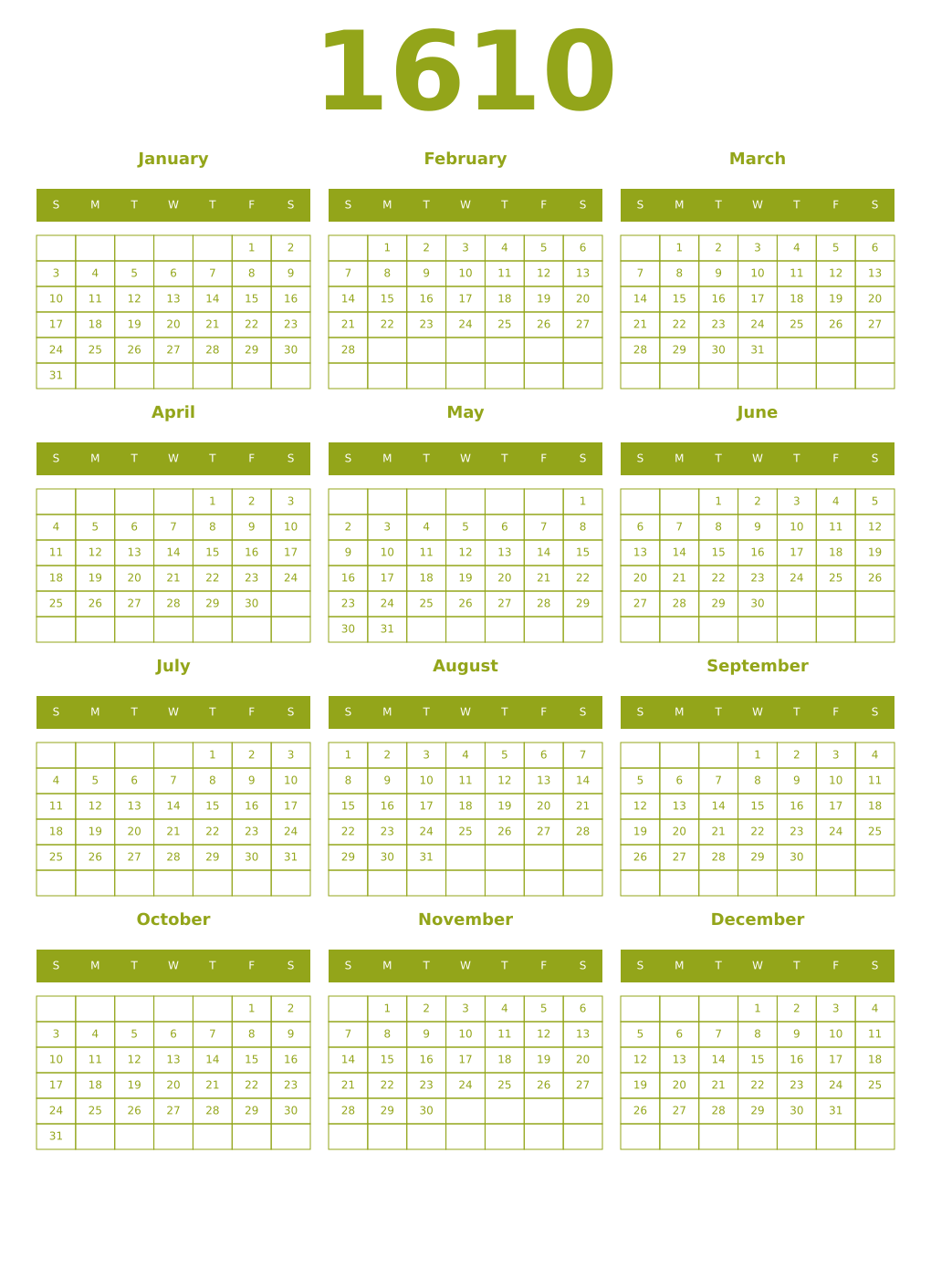 Printable 1610 Year Calendars chartreuse