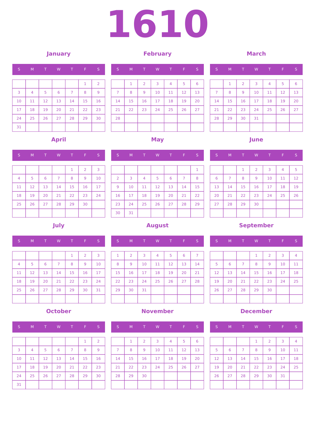 Printable 1610 Year Calendars purple