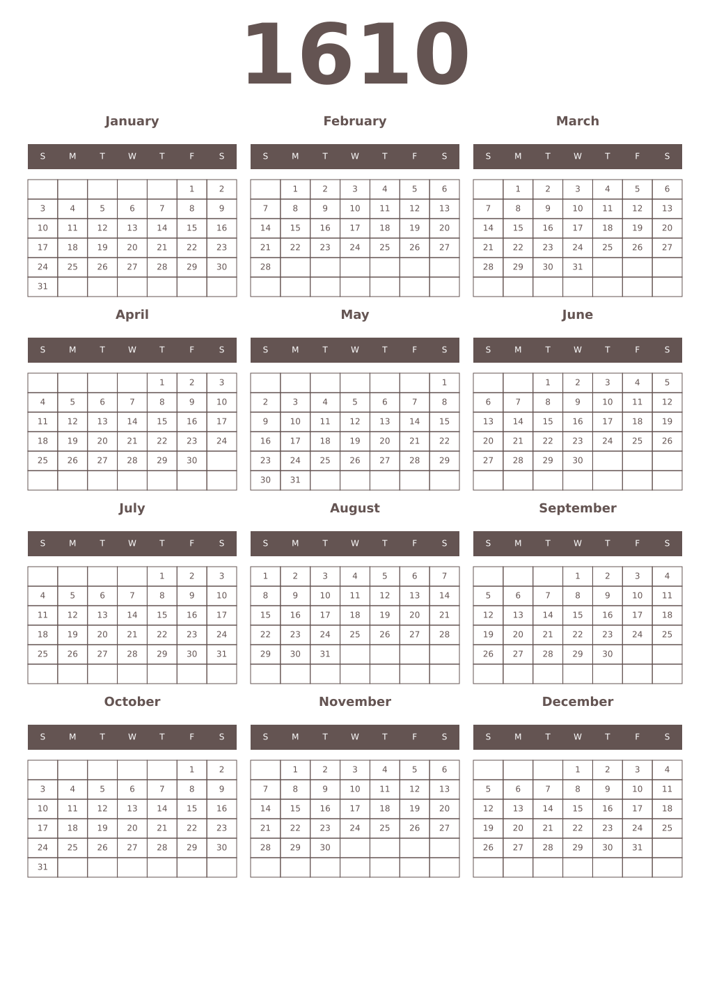 Printable 1610 Year Calendars wenge