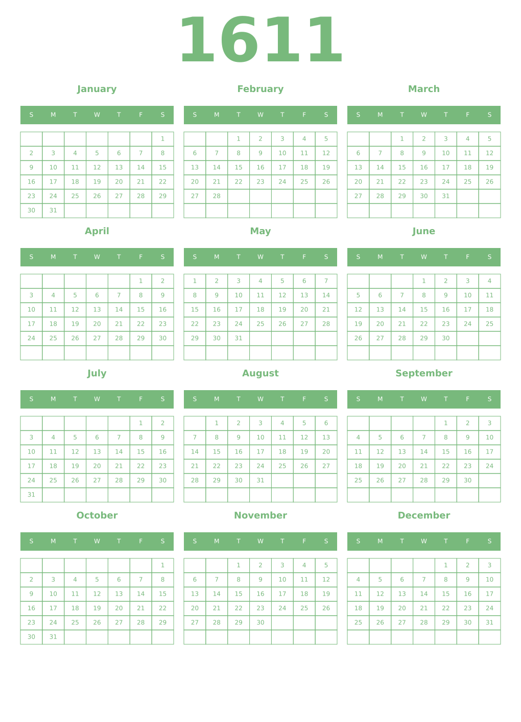 Printable 1611 Year Calendars celadon