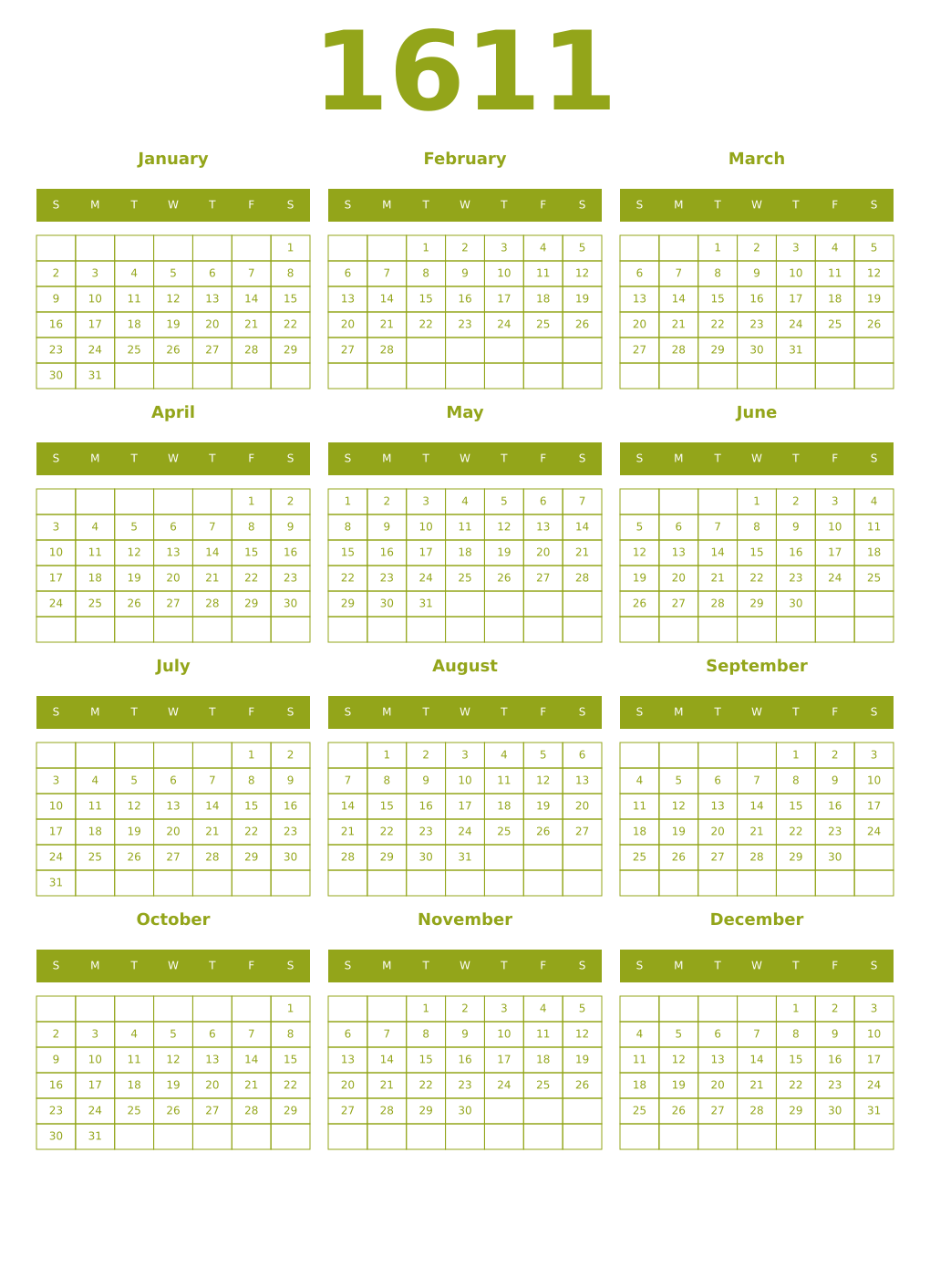 Printable 1611 Year Calendars chartreuse