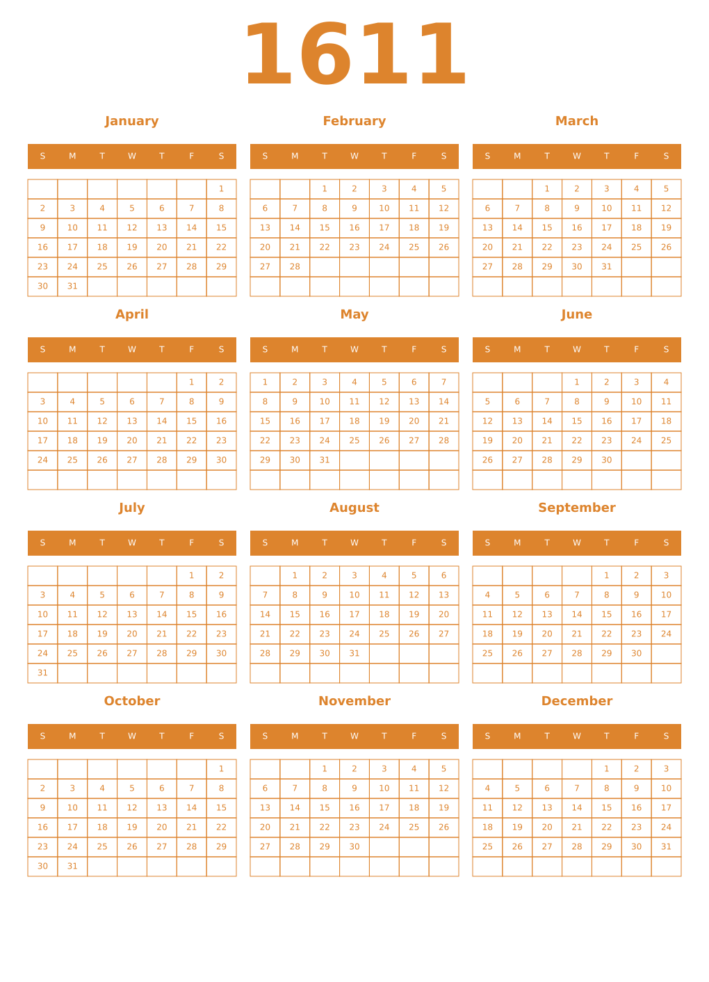 Printable 1611 Year Calendars orange