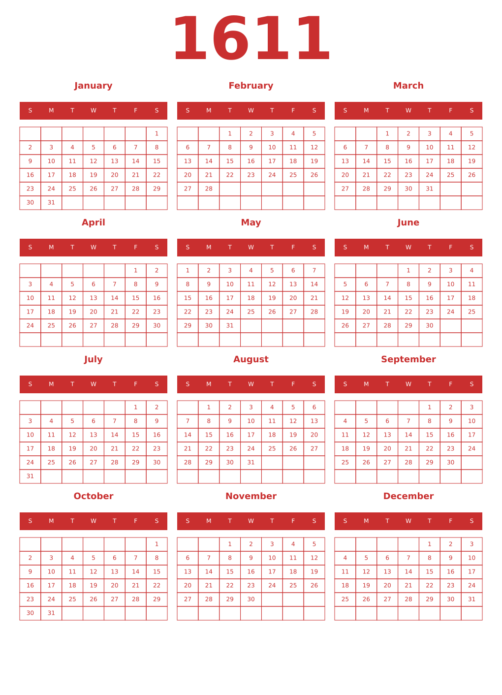 Printable 1611 Year Calendars red