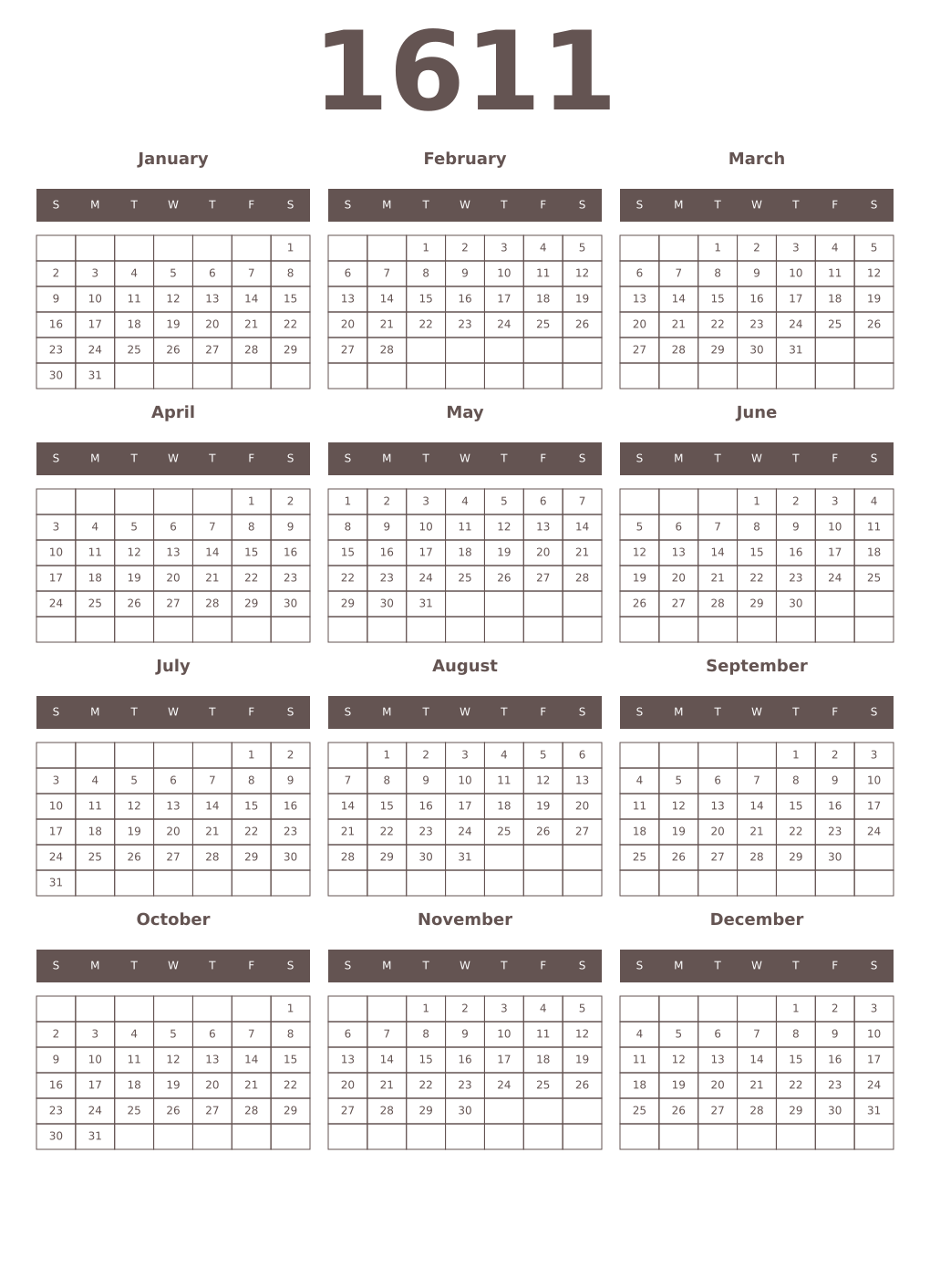 Printable 1611 Year Calendars wenge