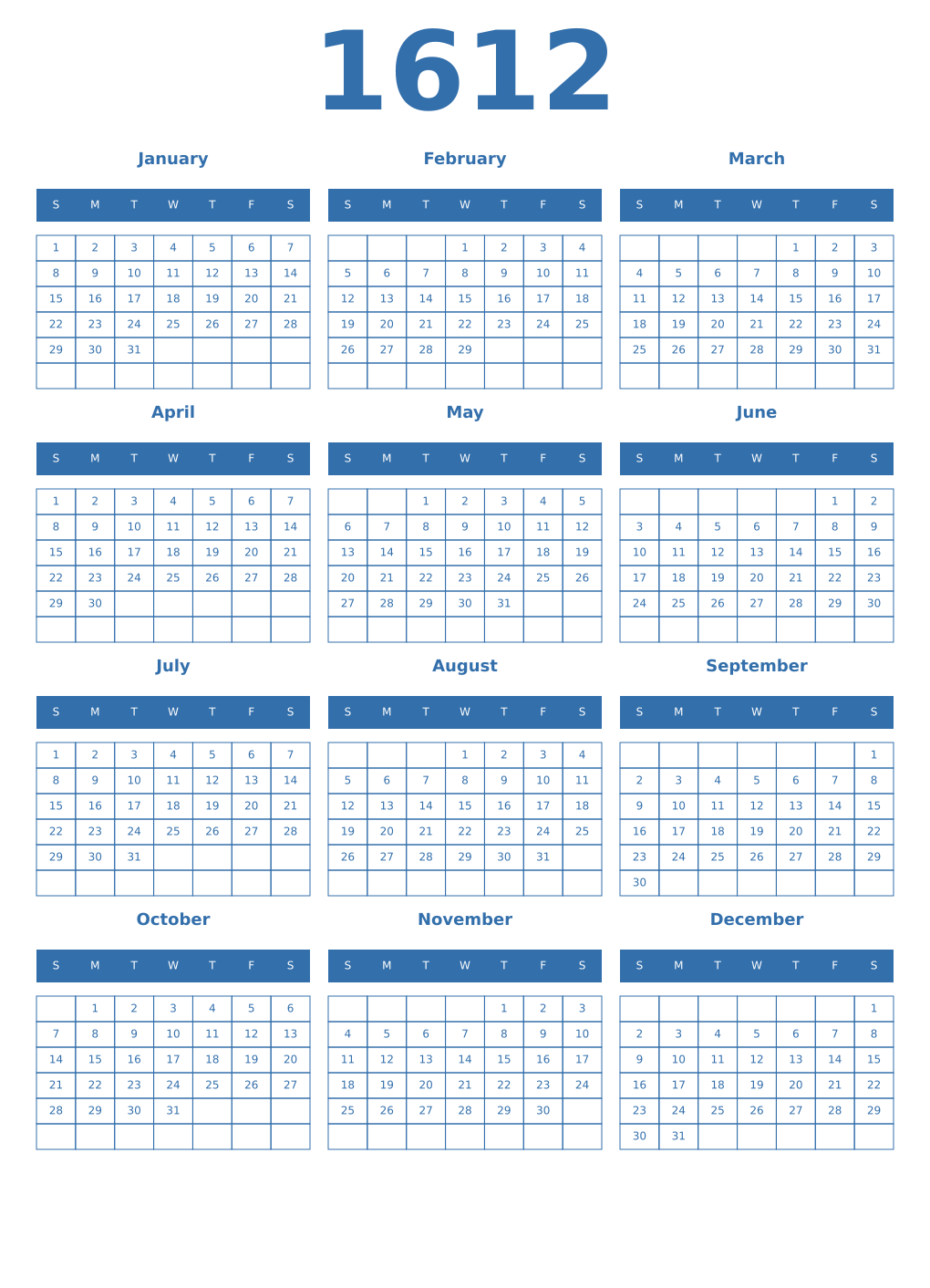 Printable 1612 Year Calendars blue