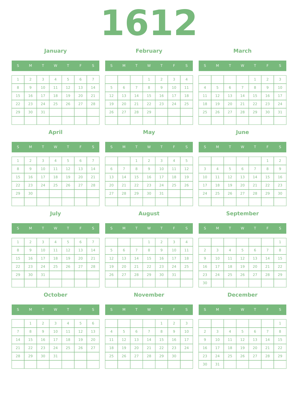 Printable 1612 Year Calendars celadon