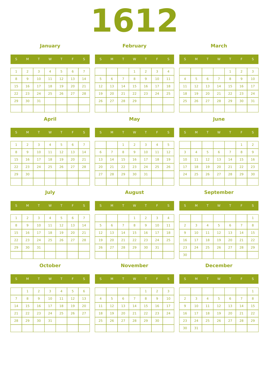 Printable 1612 Year Calendars chartreuse