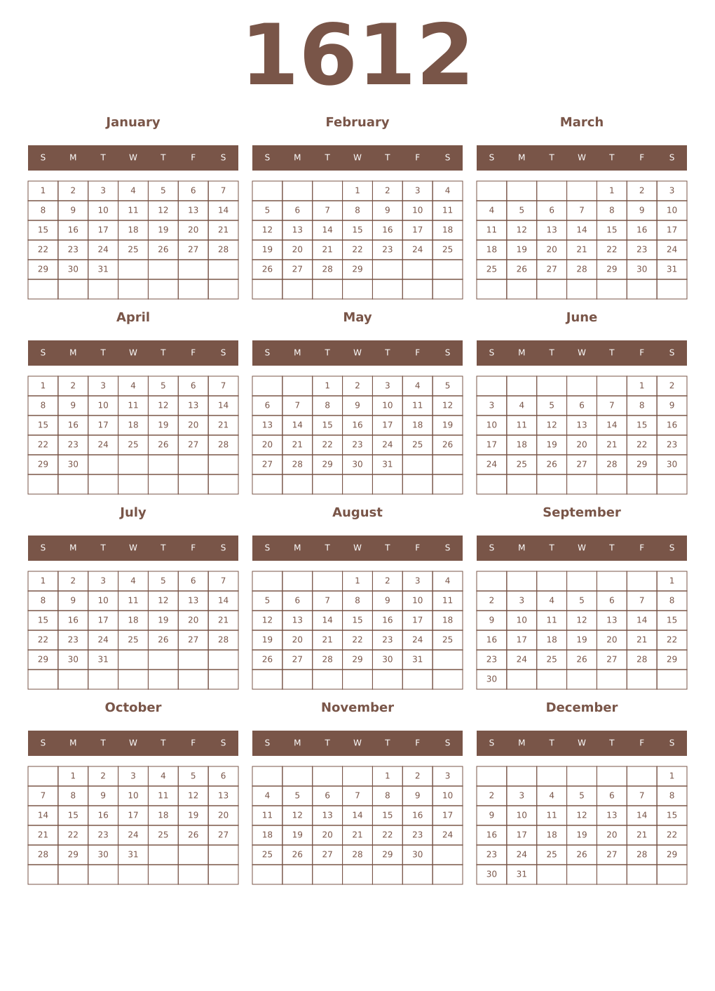 Printable 1612 Year Calendars coffe