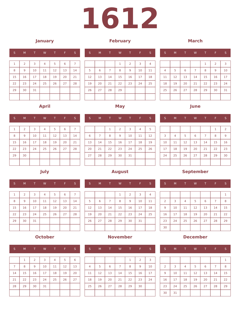 Printable 1612 Year Calendars cordovan