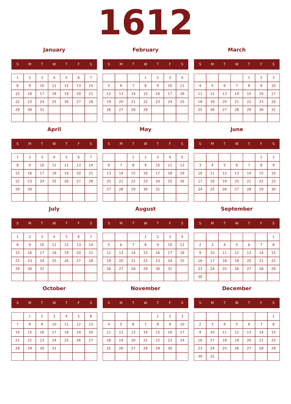 Printable 1612 Year Calendars falu