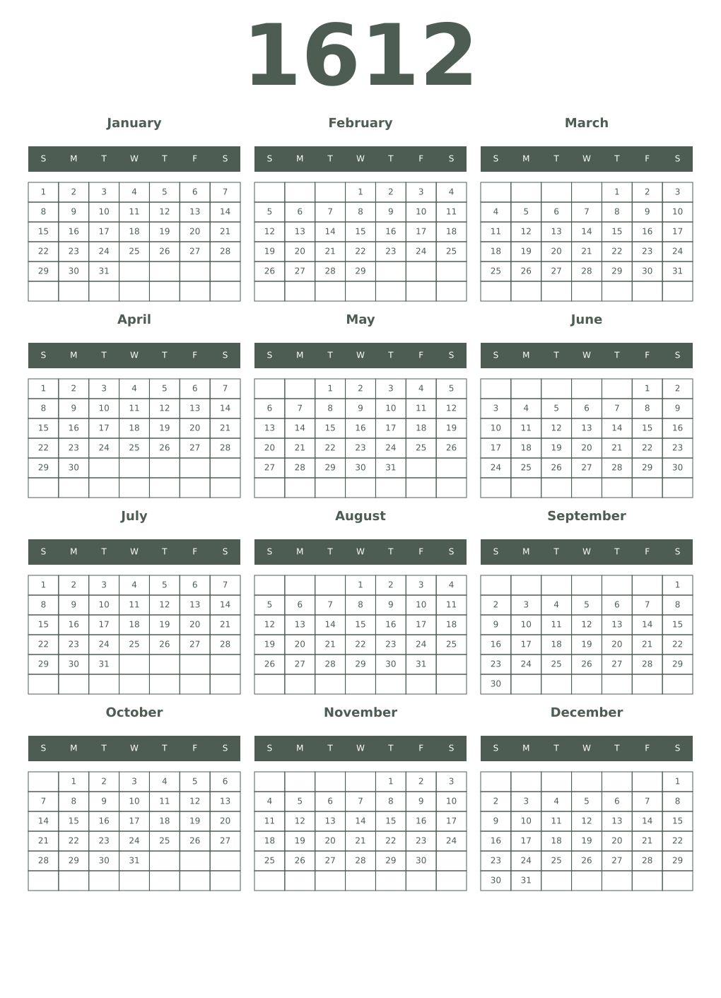 Printable 1612 Year Calendars feldgrau