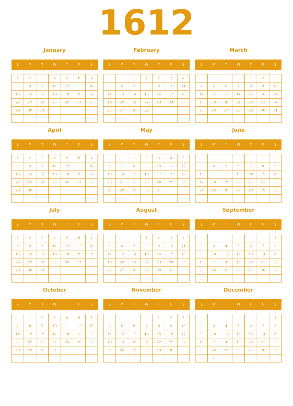 Printable 1612 Year Calendars gamboge